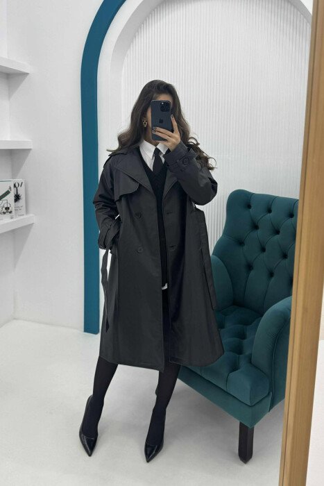 ONE COLOR LONG LEATHER LACING DETAIL WOMEN JACKET BLACK/ E ZEZE - 2