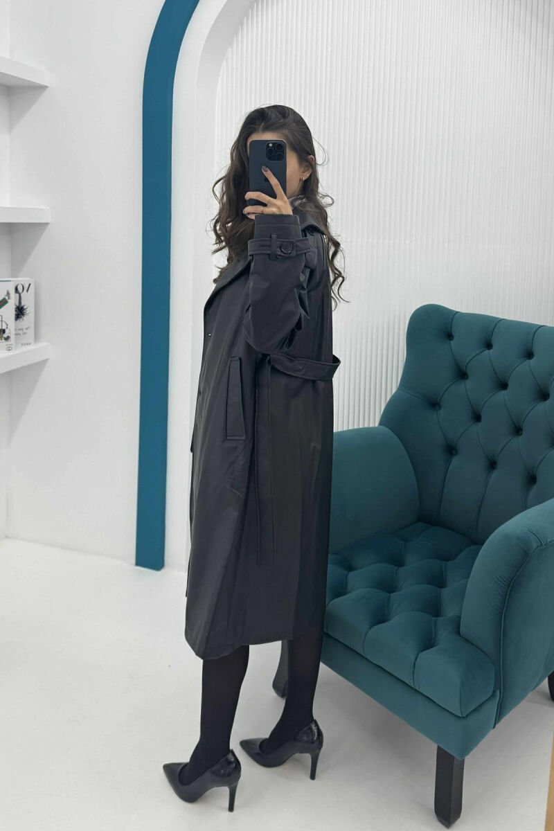 ONE COLOR LONG LEATHER LACING DETAIL WOMEN JACKET BLACK/ E ZEZE - 3