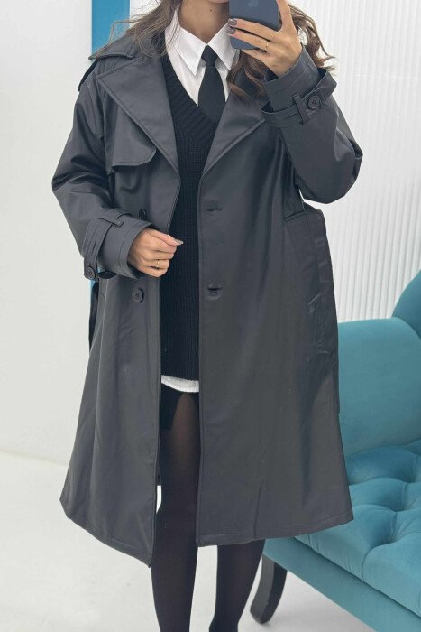 ONE COLOR LONG LEATHER LACING DETAIL WOMEN JACKET BLACK/ E ZEZE - 4