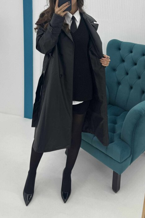 ONE COLOR LONG LEATHER LACING DETAIL WOMEN JACKET BLACK/ E ZEZE - 5