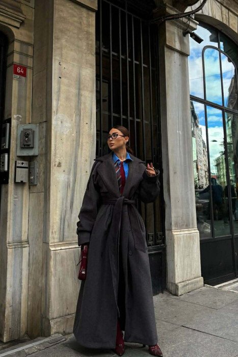 ONE COLOR LONG OVERSIZE WOMEN COAT DARK GREY/GEE - 1