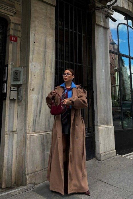 ONE COLOR LONG OVERSIZE WOMEN COAT LIGHT BROWN/KAZB - KLAUDIO FASHION