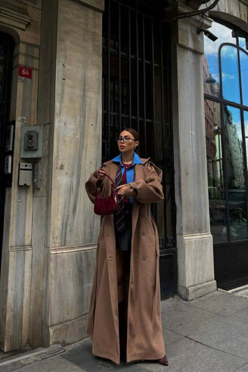 ONE COLOR LONG OVERSIZE WOMEN COAT LIGHT BROWN/KAZB - 1