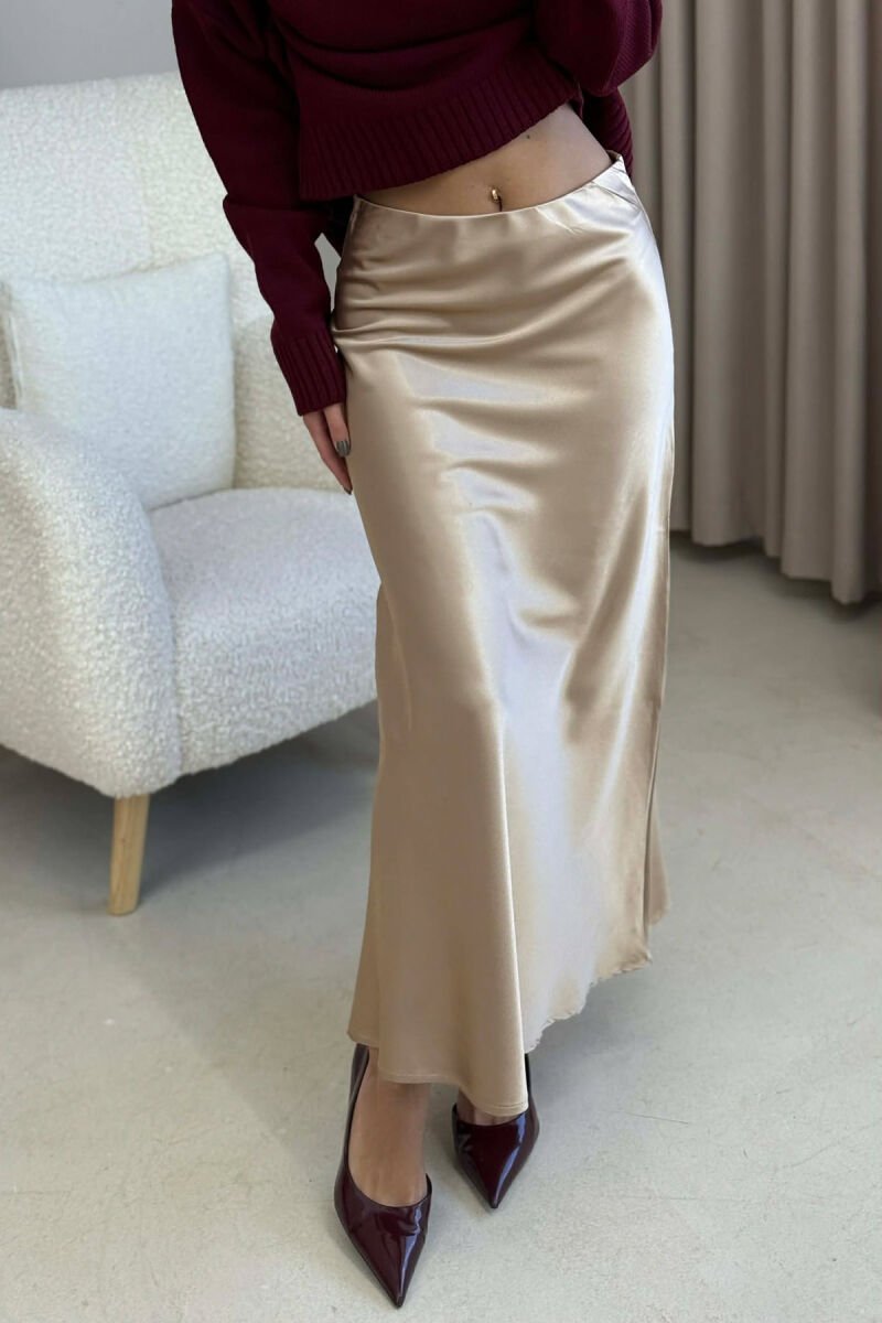 ONE COLOR LONG SATIN WOMEN SKIRT BEIGE/BEZHE - 1