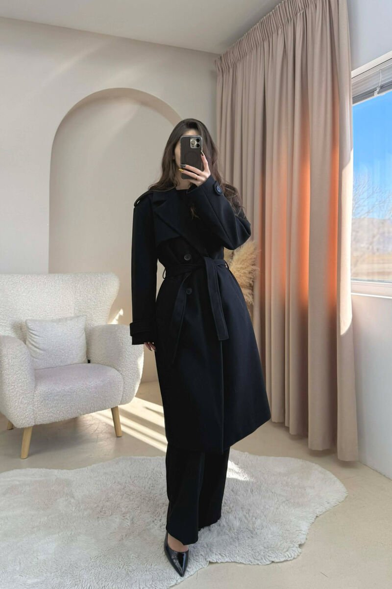 ONE COLOR LONG SIMPLE WOMEN COAT BLACK/ E ZEZE - 2