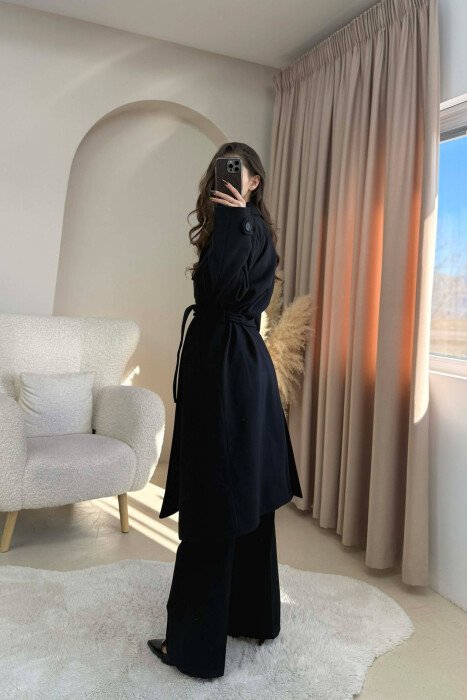 ONE COLOR LONG SIMPLE WOMEN COAT BLACK/ E ZEZE - 4