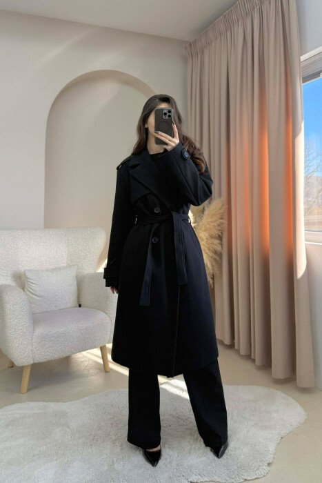 ONE COLOR LONG SIMPLE WOMEN COAT BLACK/ E ZEZE 