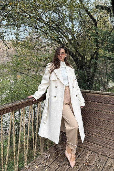 ONE COLOR LONG SIMPLE WOMEN COAT CREAM/KREM - 1