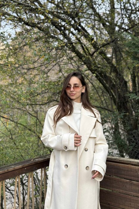 ONE COLOR LONG SIMPLE WOMEN COAT CREAM/KREM - 2