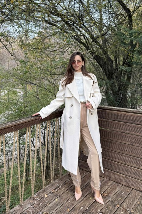 ONE COLOR LONG SIMPLE WOMEN COAT CREAM/KREM - 4