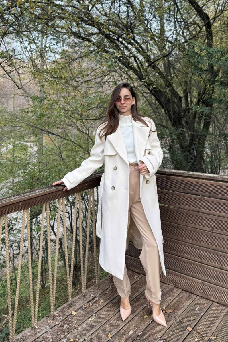 ONE COLOR LONG SIMPLE WOMEN COAT CREAM/KREM - 4