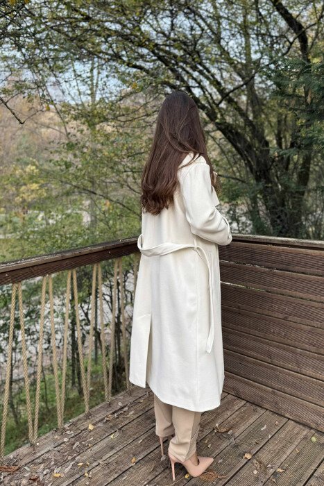 ONE COLOR LONG SIMPLE WOMEN COAT CREAM/KREM - 7