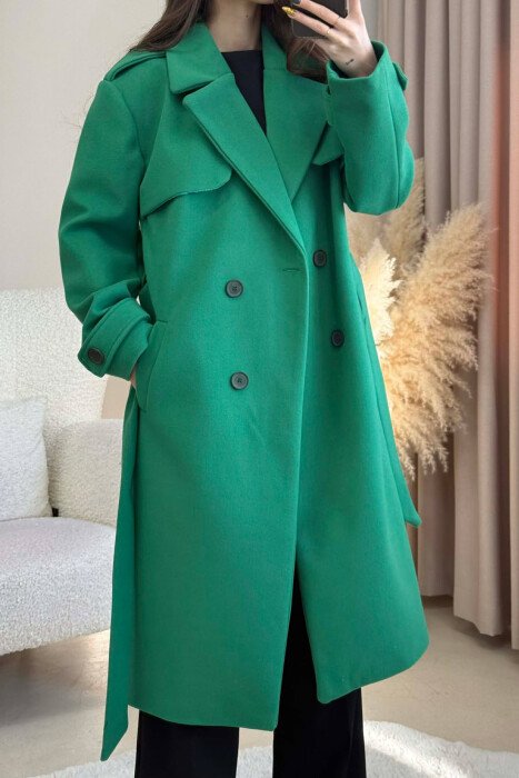 ONE COLOR LONG SIMPLE WOMEN COAT GREEN/JESHILE - 2