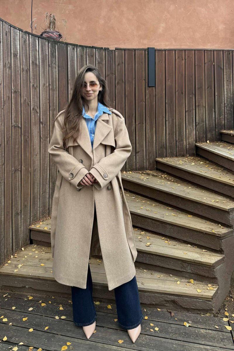 ONE COLOR LONG SIMPLE WOMEN COAT LIGHT BROWN/KAZB - 1
