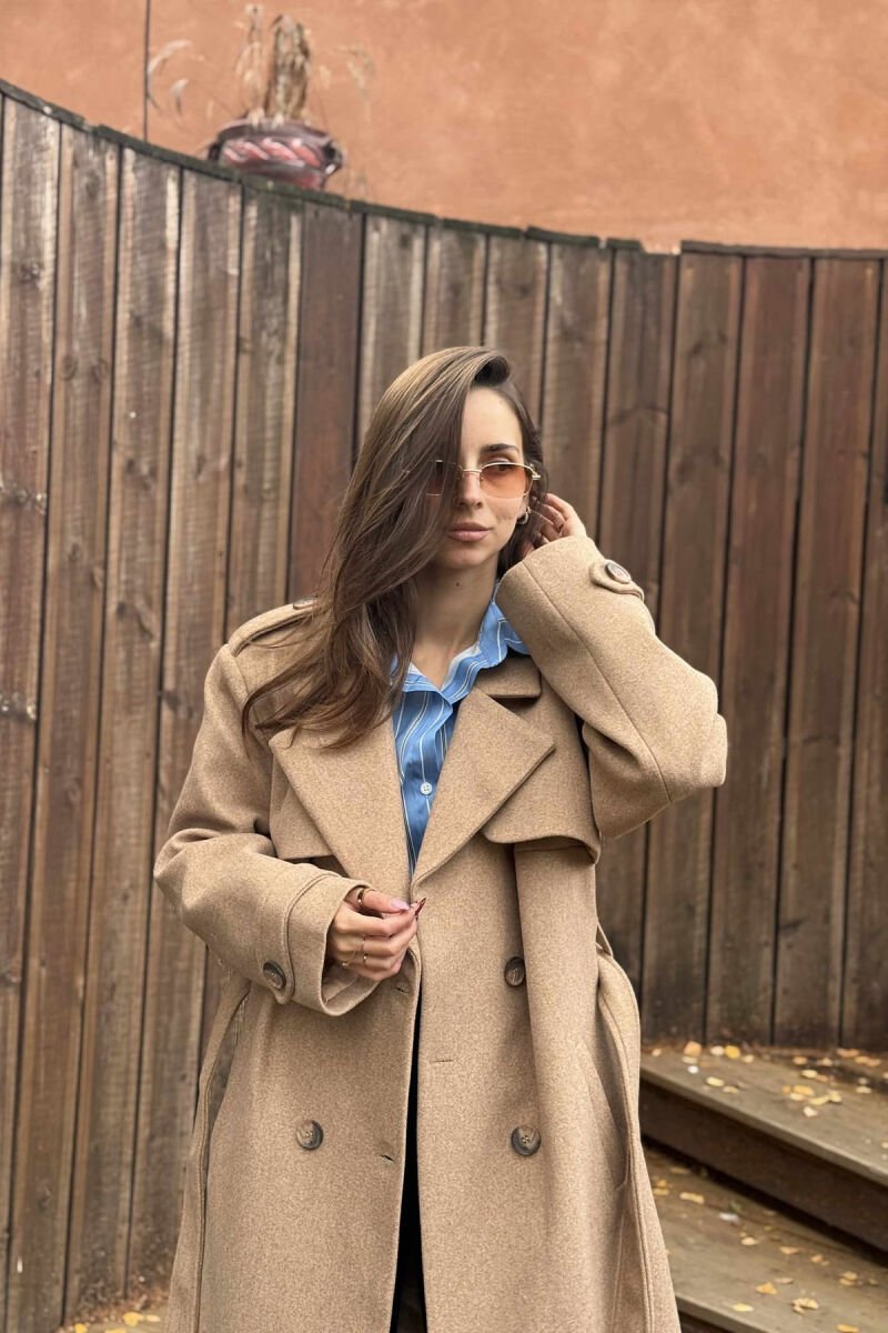 ONE COLOR LONG SIMPLE WOMEN COAT LIGHT BROWN/KAZB - 2