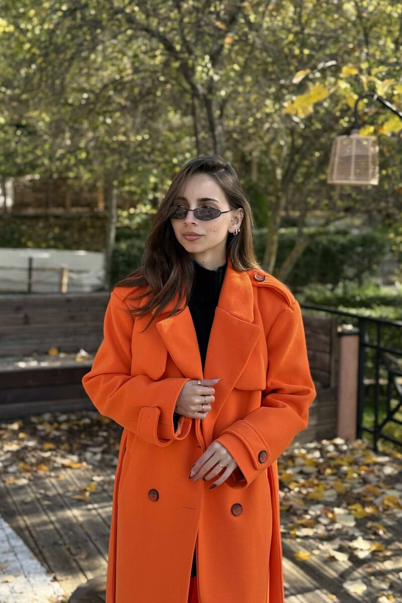 ONE COLOR LONG SIMPLE WOMEN COAT ORANGE/PORTOKALLI - 2