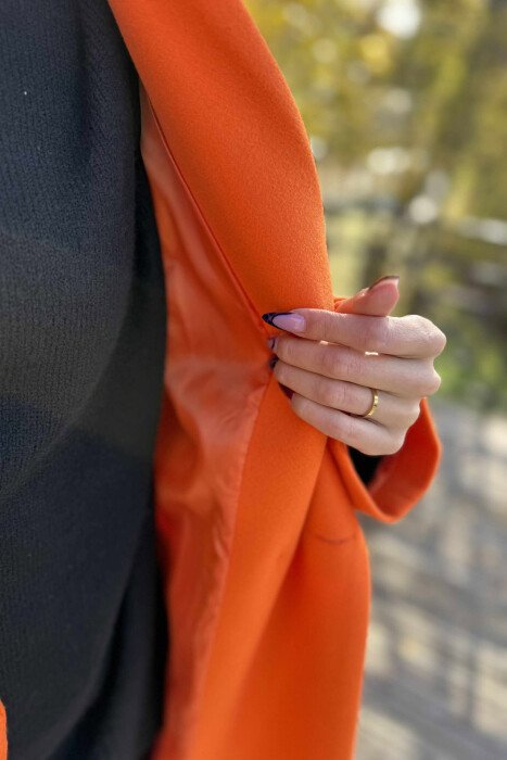 ONE COLOR LONG SIMPLE WOMEN COAT ORANGE/PORTOKALLI - 3