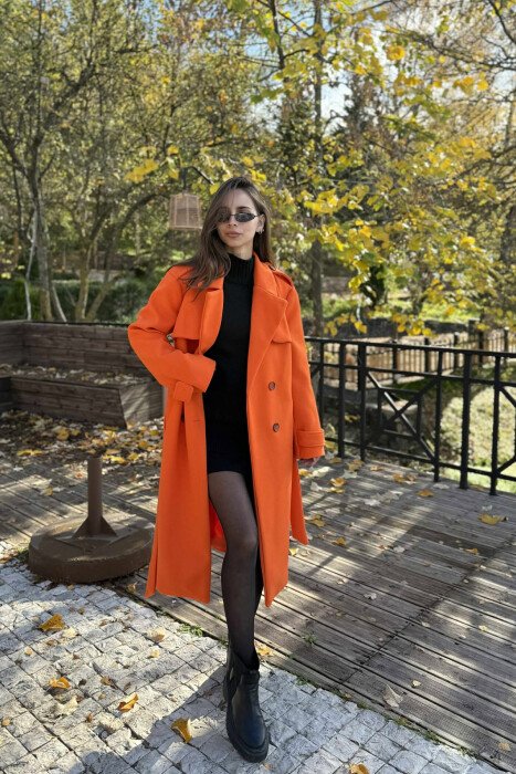 ONE COLOR LONG SIMPLE WOMEN COAT ORANGE/PORTOKALLI - 4