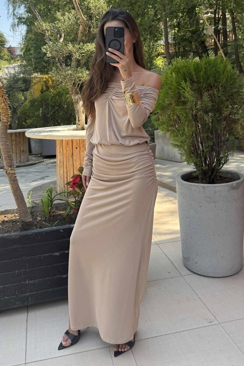 ONE COLOR LONG SIMPLE WOMEN DRESS BEIGE/BEZHE - 4