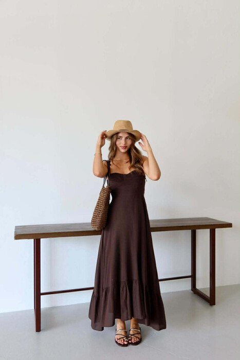ONE COLOR LONG SIMPLE WOMEN DRESS BROWN/KAFE 