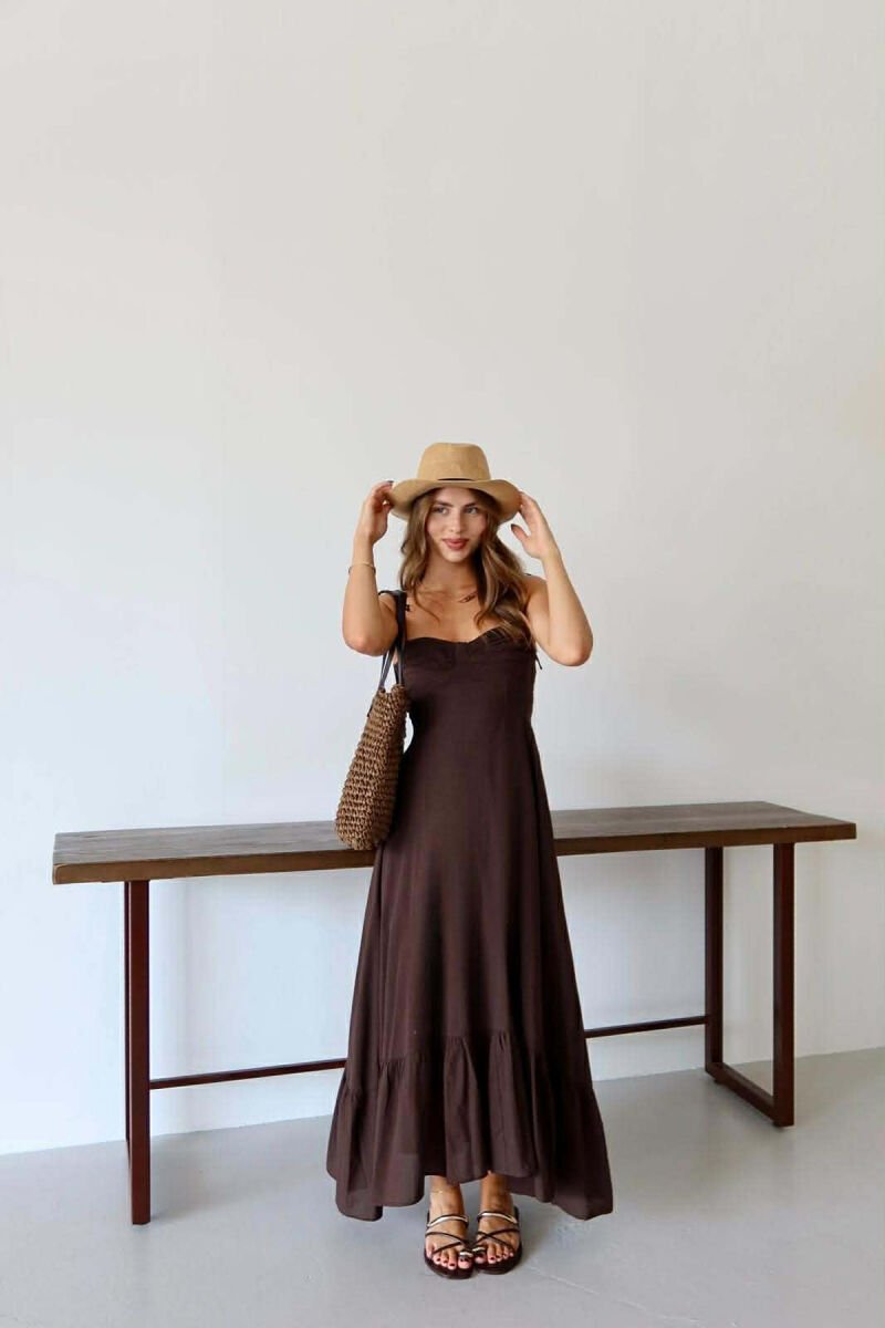 ONE COLOR LONG SIMPLE WOMEN DRESS BROWN/KAFE - 1