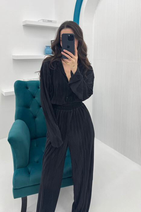 ONE COLOR LONG SLEEEVE SHIRT+TROUSERS WOMEN SET BLACK/ E ZEZE - 9