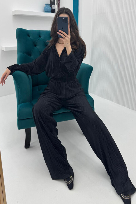 ONE COLOR LONG SLEEEVE SHIRT+TROUSERS WOMEN SET BLACK/ E ZEZE - 10