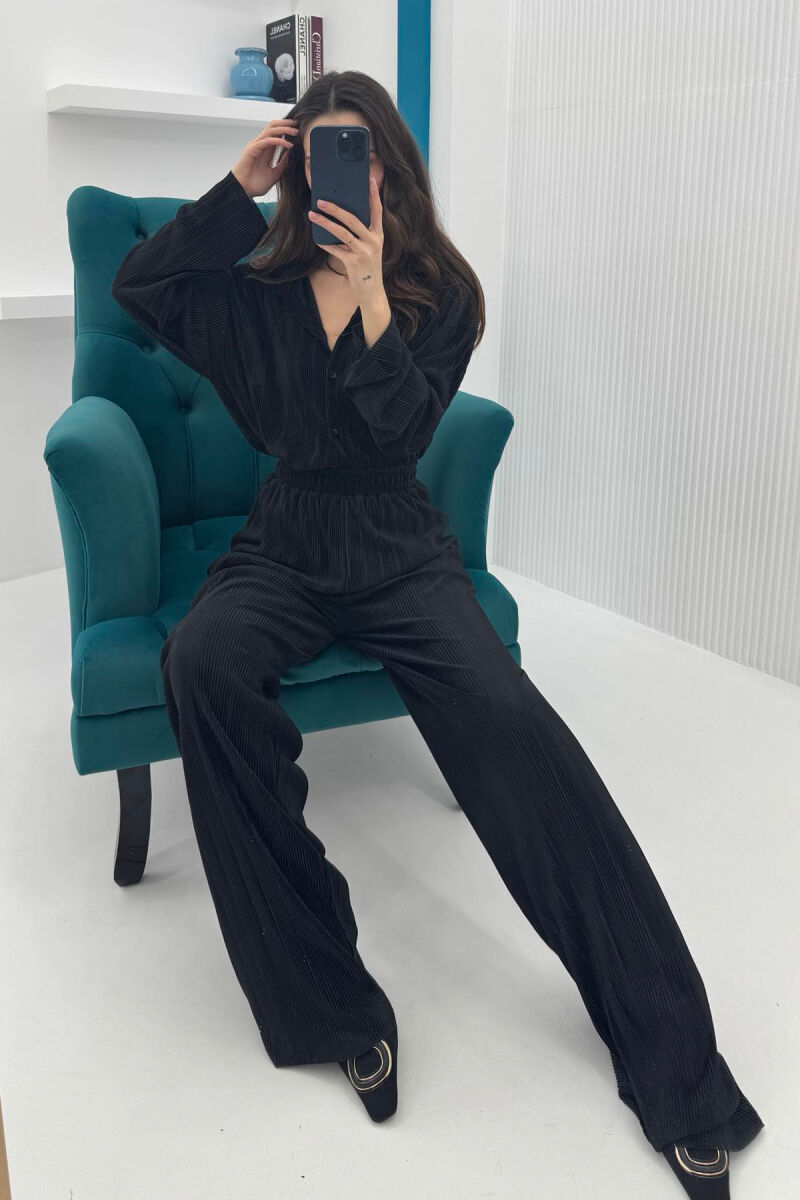 ONE COLOR LONG SLEEEVE SHIRT+TROUSERS WOMEN SET BLACK/ E ZEZE - 11