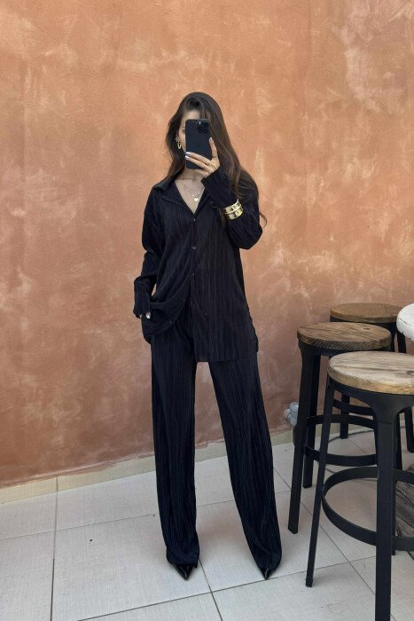 ONE COLOR LONG SLEEEVE SHIRT+TROUSERS WOMEN SET BLACK/ E ZEZE - 1
