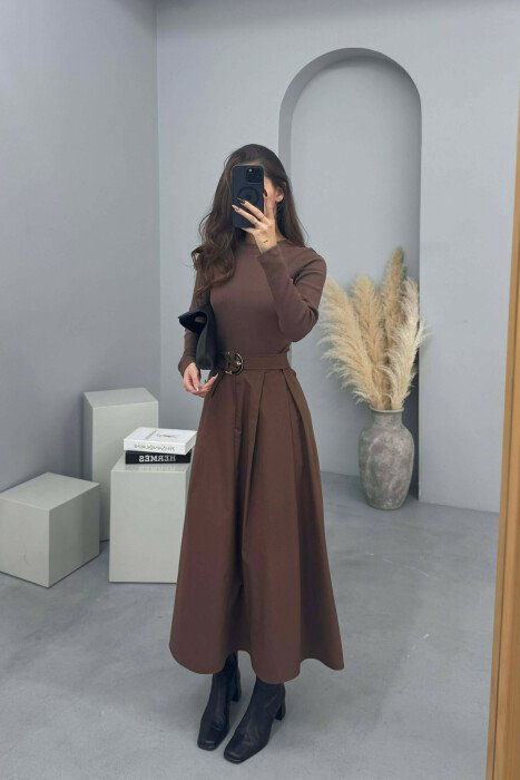 ONE COLOR LONG SLEEVE BELT DETAIL WOMEN DRESS BROWN/KAFE - 5