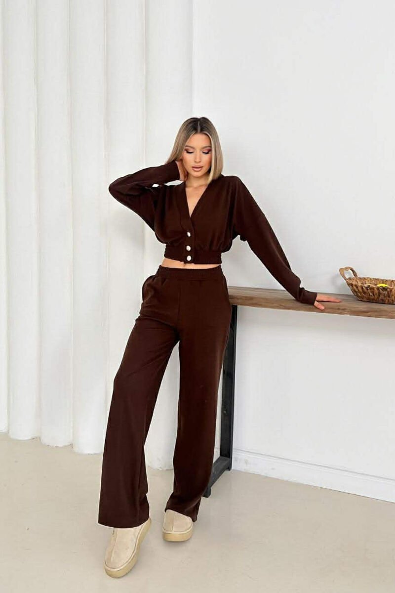 ONE COLOR LONG SLEEVE CROP TOP+TROUSERS WOMEN SET BROWN/KAFE - 1