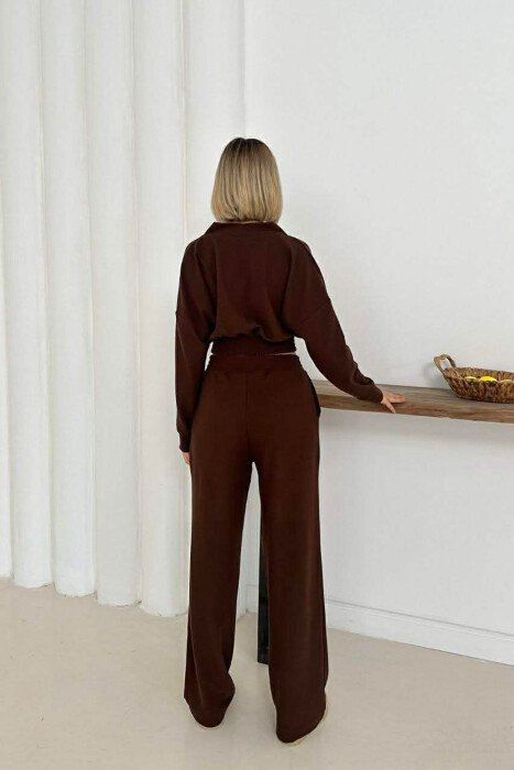 ONE COLOR LONG SLEEVE CROP TOP+TROUSERS WOMEN SET BROWN/KAFE - 3