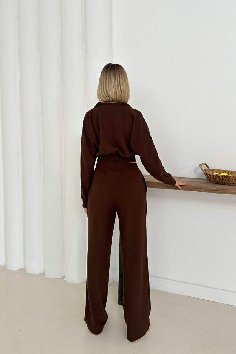 ONE COLOR LONG SLEEVE CROP TOP+TROUSERS WOMEN SET BROWN/KAFE - 3