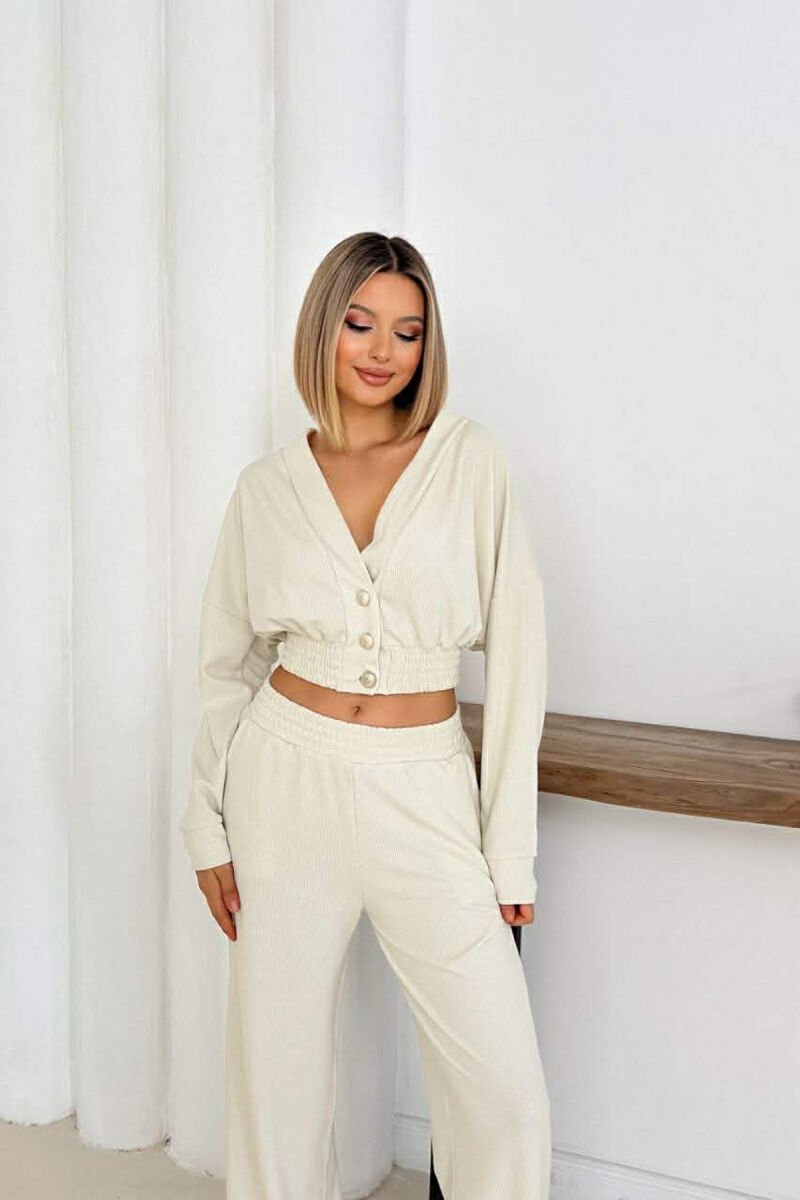 ONE COLOR LONG SLEEVE CROP TOP+TROUSERS WOMEN SET CREAM/KREM - 2