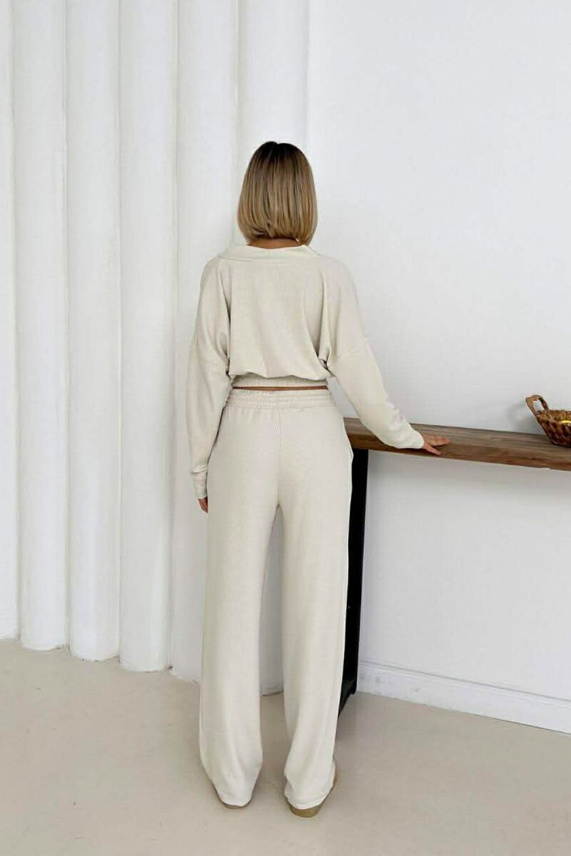 ONE COLOR LONG SLEEVE CROP TOP+TROUSERS WOMEN SET CREAM/KREM - 3
