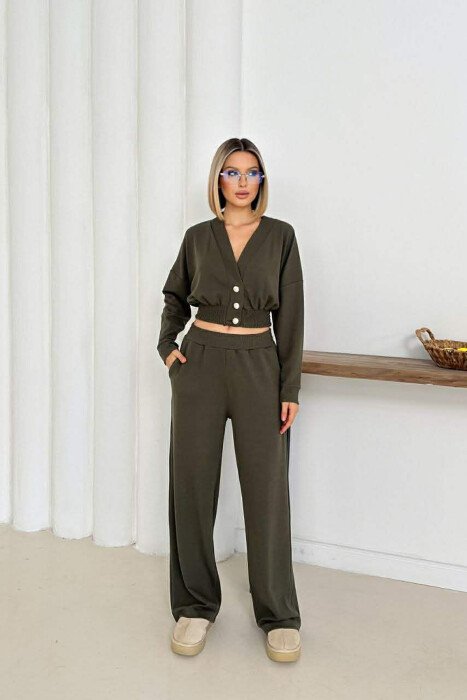 ONE COLOR LONG SLEEVE CROP TOP+TROUSERS WOMEN SET GREEN/JESHILE - 1