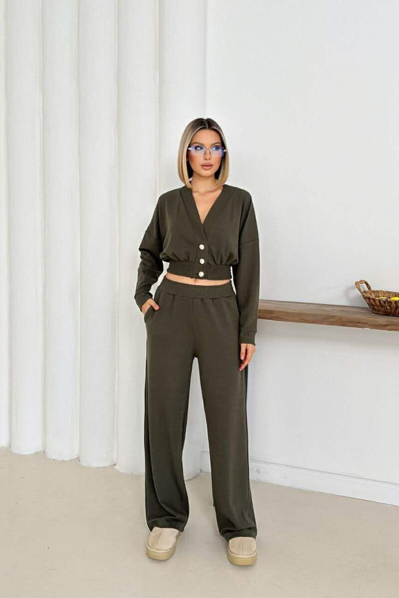 ONE COLOR LONG SLEEVE CROP TOP+TROUSERS WOMEN SET GREEN/JESHILE - 1