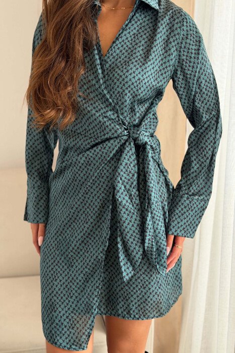 ONE COLOR LONG SLEEVE LACING WAIST WOMAN DRESS GREEN/JESHILE - 2