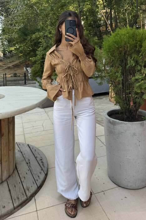 ONE COLOR LONG SLEEVE LACING WOMEN SHIRT BROWN/KAFE - KLAUDIO FASHION