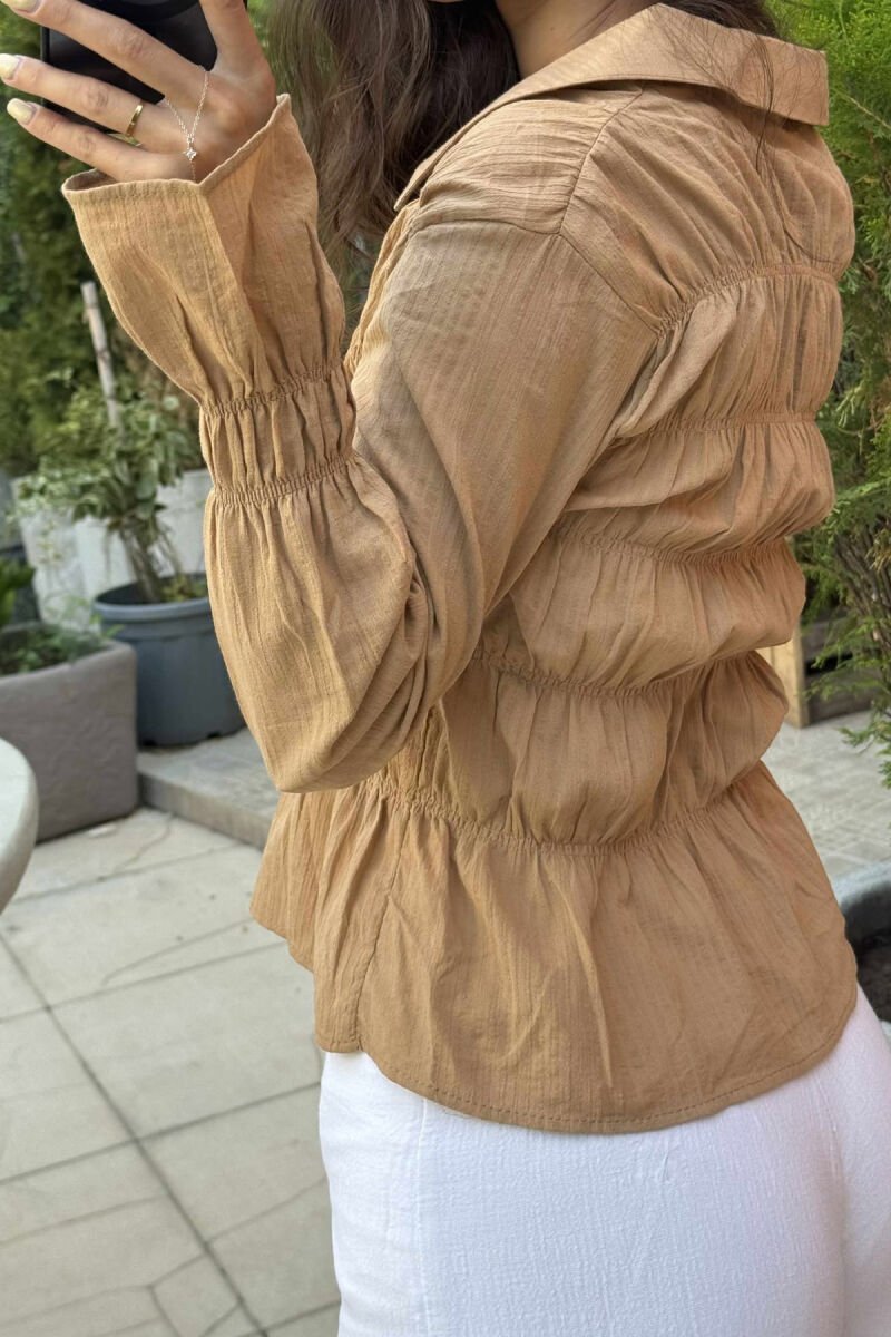 ONE COLOR LONG SLEEVE LACING WOMEN SHIRT BROWN/KAFE - 3