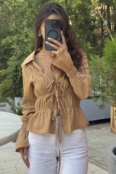 ONE COLOR LONG SLEEVE LACING WOMEN SHIRT BROWN/KAFE - 4