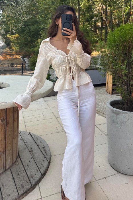 ONE COLOR LONG SLEEVE LACING WOMEN SHIRT CREAM/KREM 