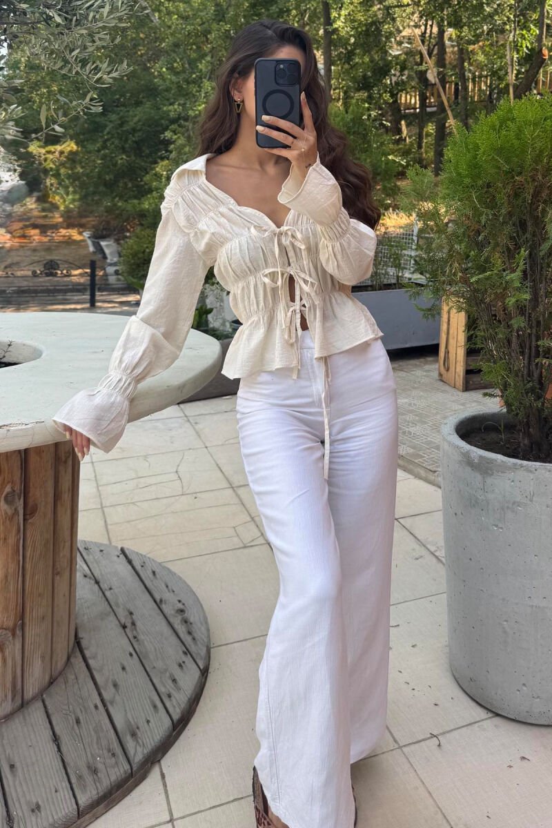 ONE COLOR LONG SLEEVE LACING WOMEN SHIRT CREAM/KREM - 1