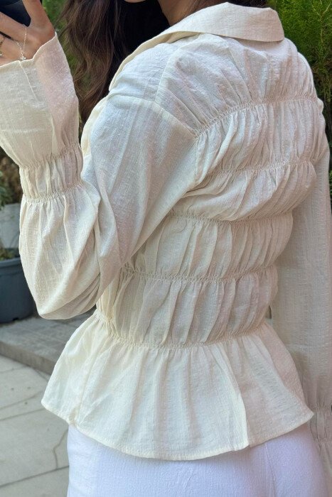 ONE COLOR LONG SLEEVE LACING WOMEN SHIRT CREAM/KREM - 3