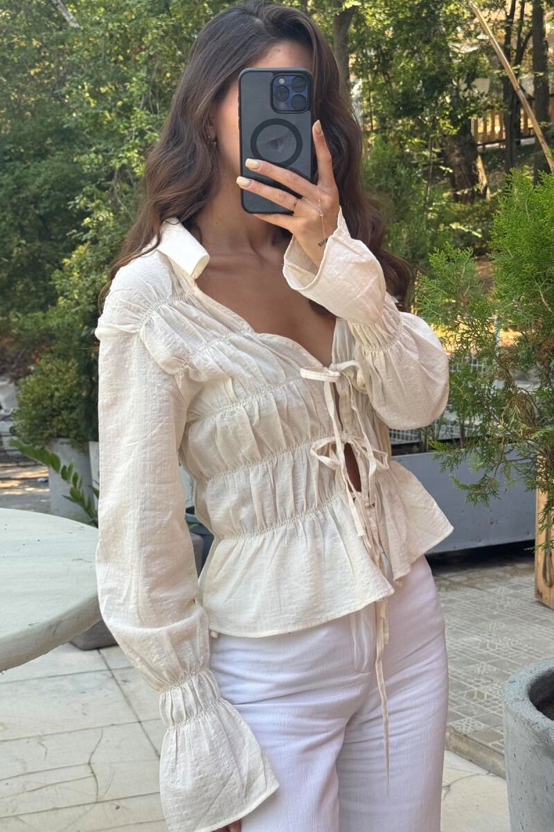 ONE COLOR LONG SLEEVE LACING WOMEN SHIRT CREAM/KREM - 4