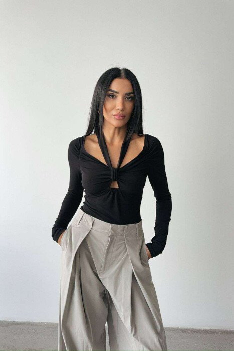 ONE COLOR LONG SLEEVE RIBBON DETAIL WOMEN BODY BLACK/ E ZEZE - 3