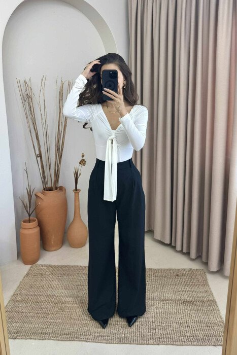 ONE COLOR LONG SLEEVE RIBBON DETAIL WOMEN BODY WHITE-E BARDHE - KLAUDIO FASHION