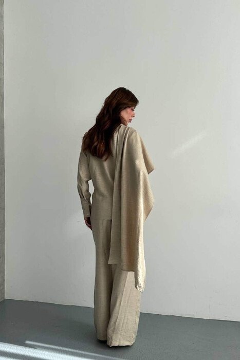 ONE COLOR LONG SLEEVE SHIRT+ TROUSERS WOMEN SET BEIGE/BEZHE - 3