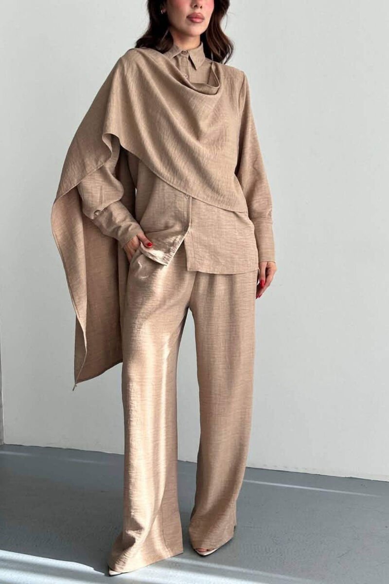 ONE COLOR LONG SLEEVE SHIRT+ TROUSERS WOMEN SET LIGHT BROWN/KAZB - 4
