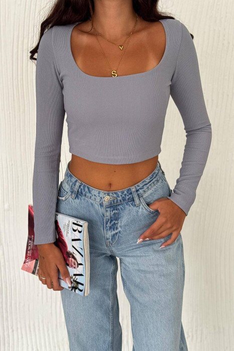 ONE COLOR LONG SLEEVE SIMPLE WOMAN SWEATSHIRT GREY/GRI - KLAUDIO FASHION